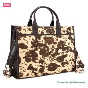 Wrangler Leather Cowhide Laptop Tote Bag Brown Cream Adjustable 15.6" Western